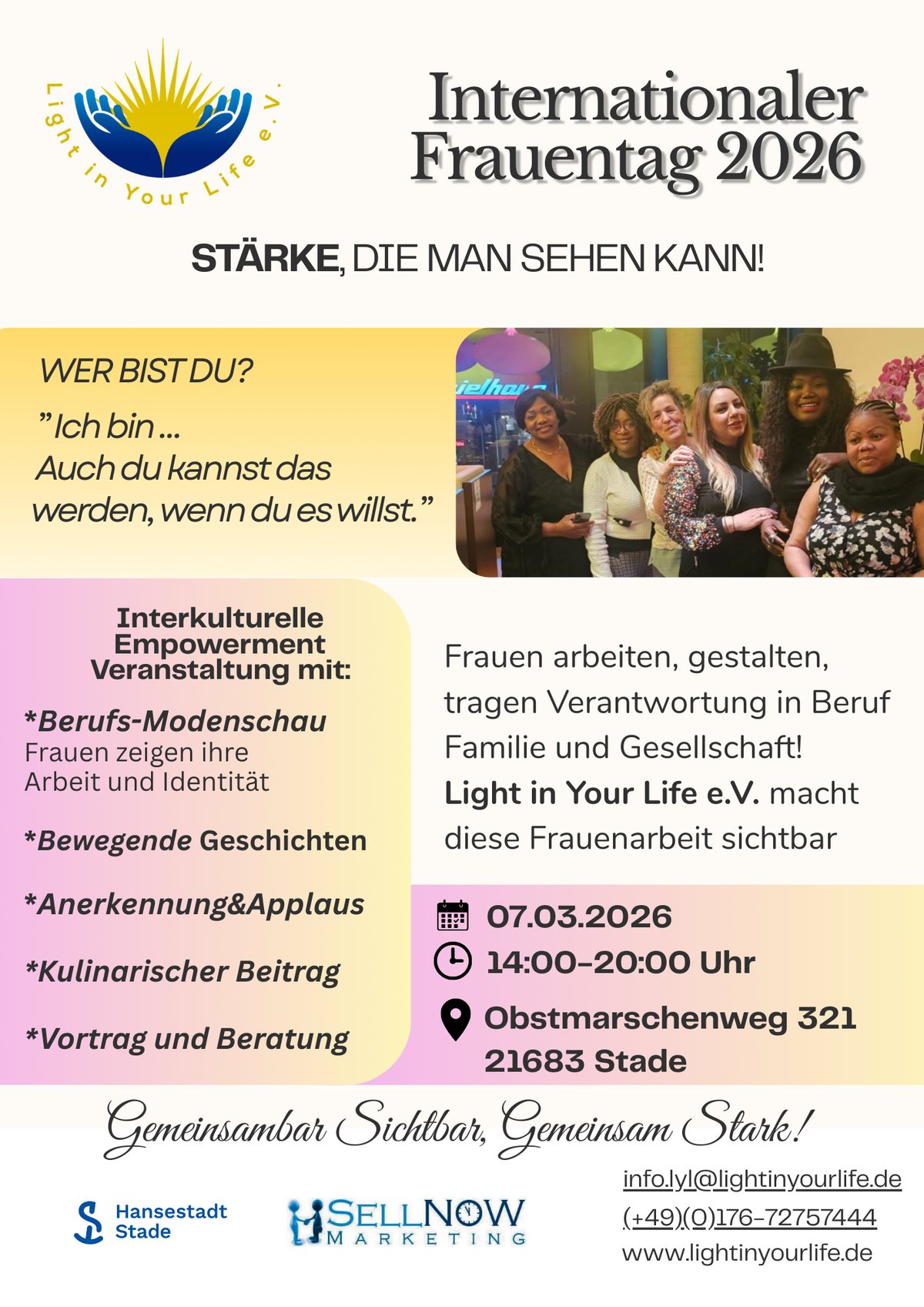 Flyer „Internationaler Frauentag 2026 – Stärke, die man sehen kann!“ am 07.03.2026 in Stade